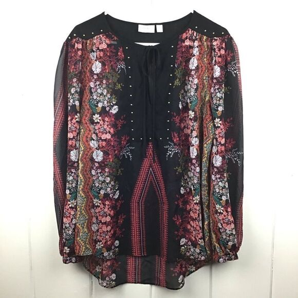Bisou Bisou Tops - Bisou Bisou Peasant Blouse Black‎ & Red Floral Boho Ties, Size  Medium